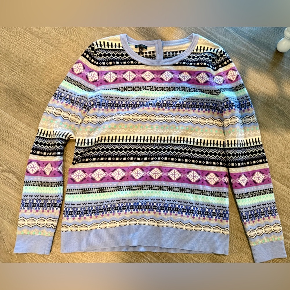 Talbots Blue Purple Fair Isle Print Sweater Button Neck Lambs Wool Blend
